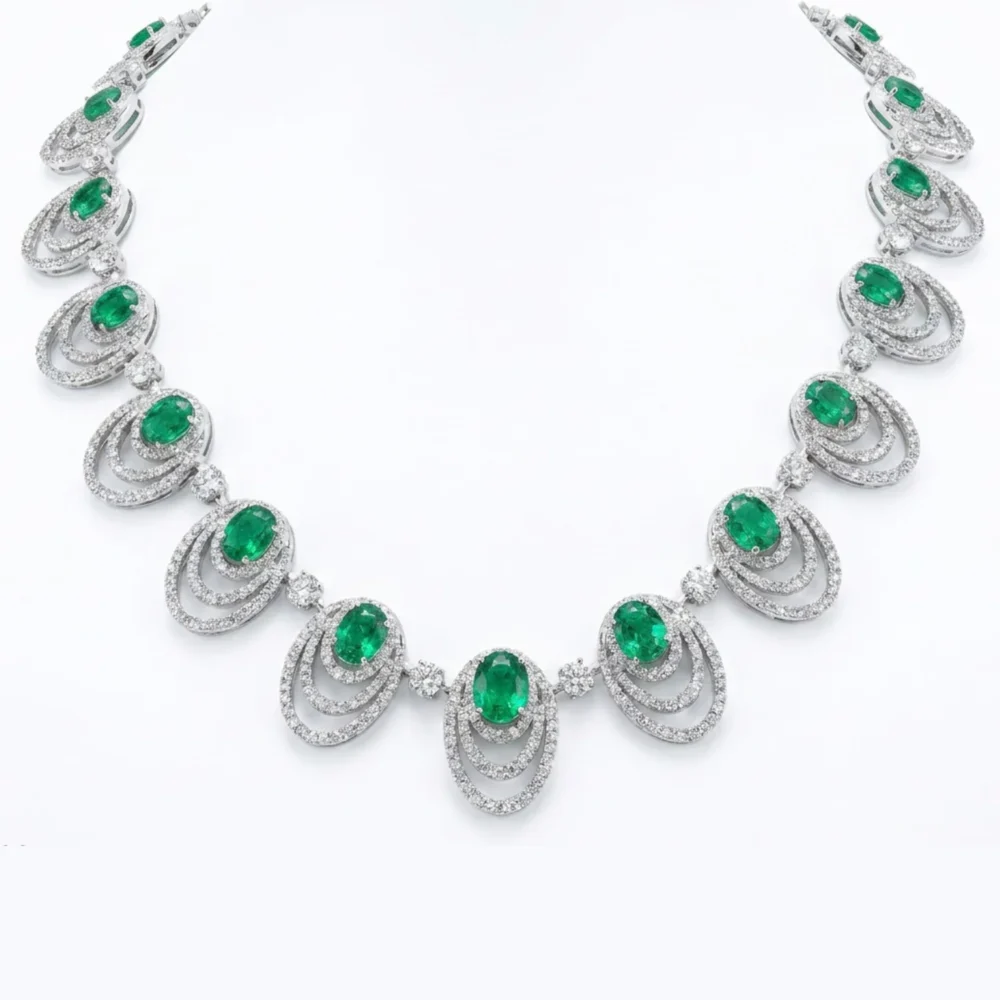 Esmerelle Emerald Halo Cascade 18KW GR EM RBC Necklace