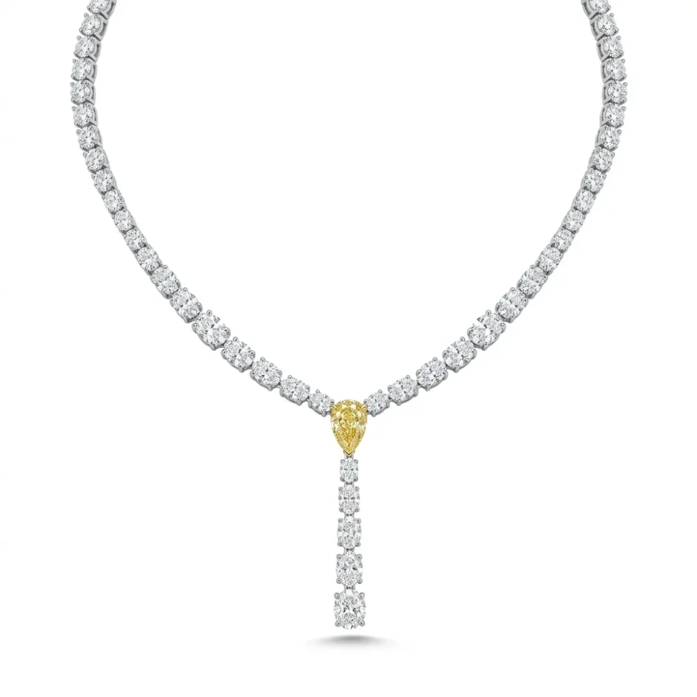 Solara Yellow Pear Diamond Drop 18KWY PR OVL Necklace